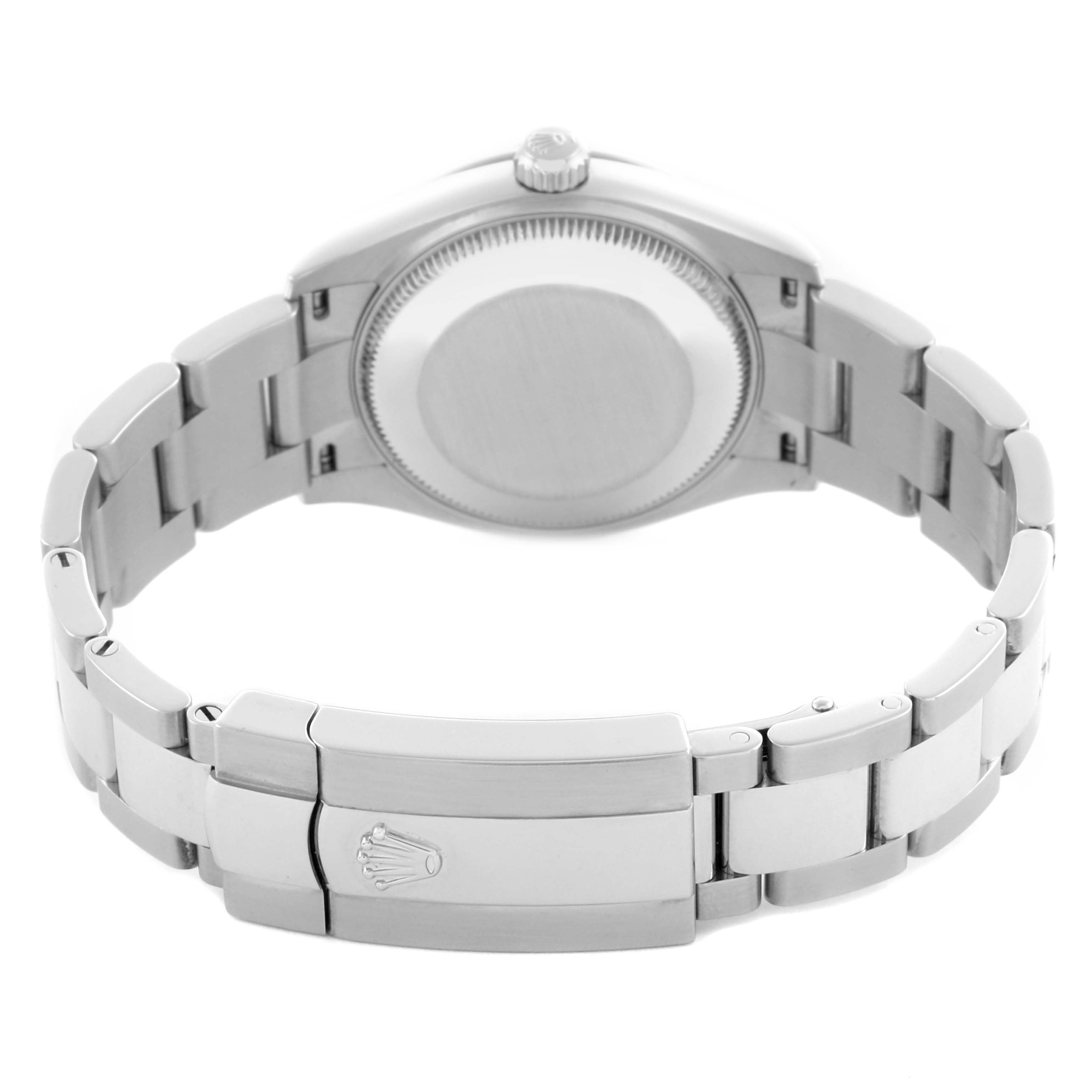 The image shows the back case and bracelet with the clasp open of a Rolex Datejust watch from a rear angle.