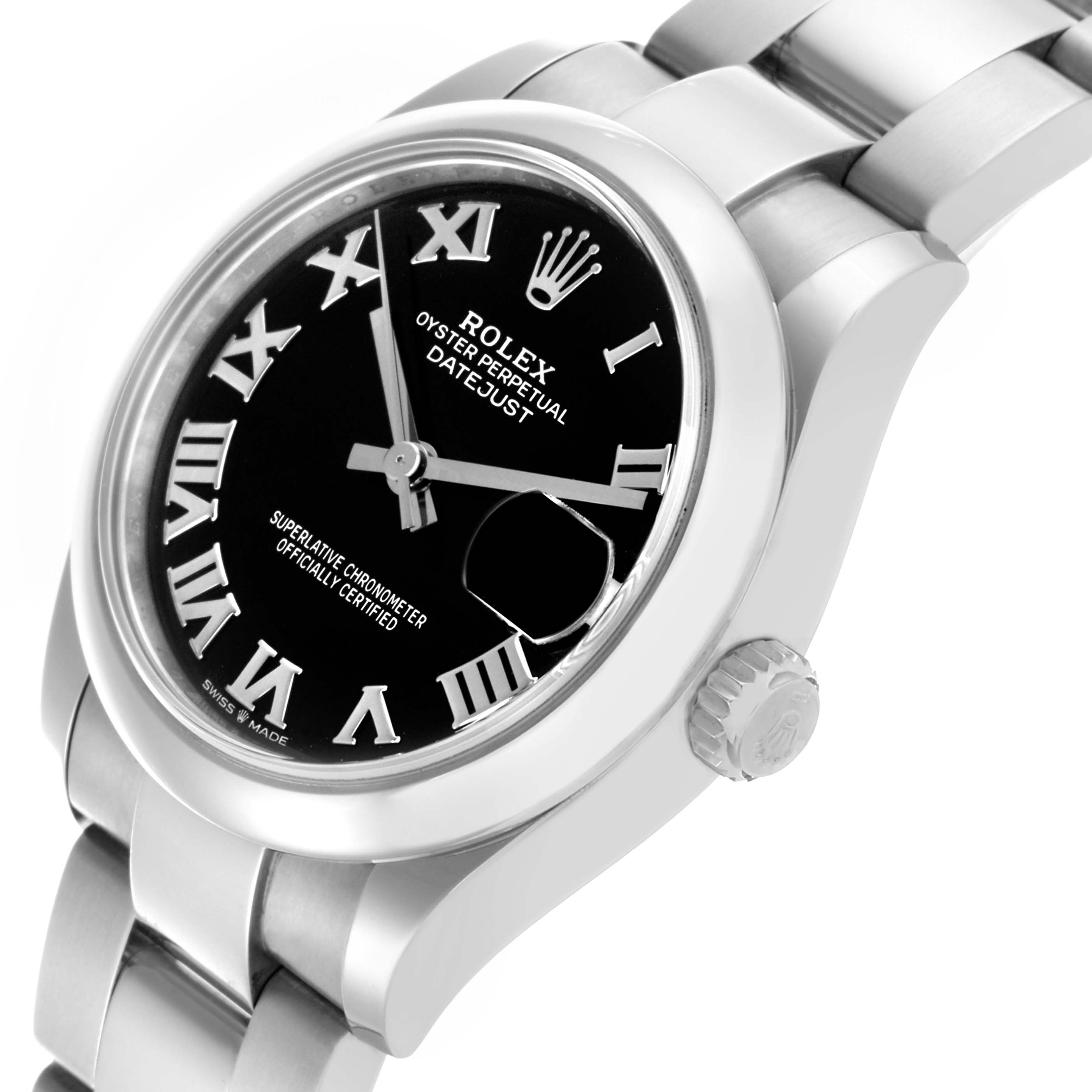 The image shows a Rolex Datejust watch at a slight angle, highlighting the black dial, Roman numerals, and bracelet.