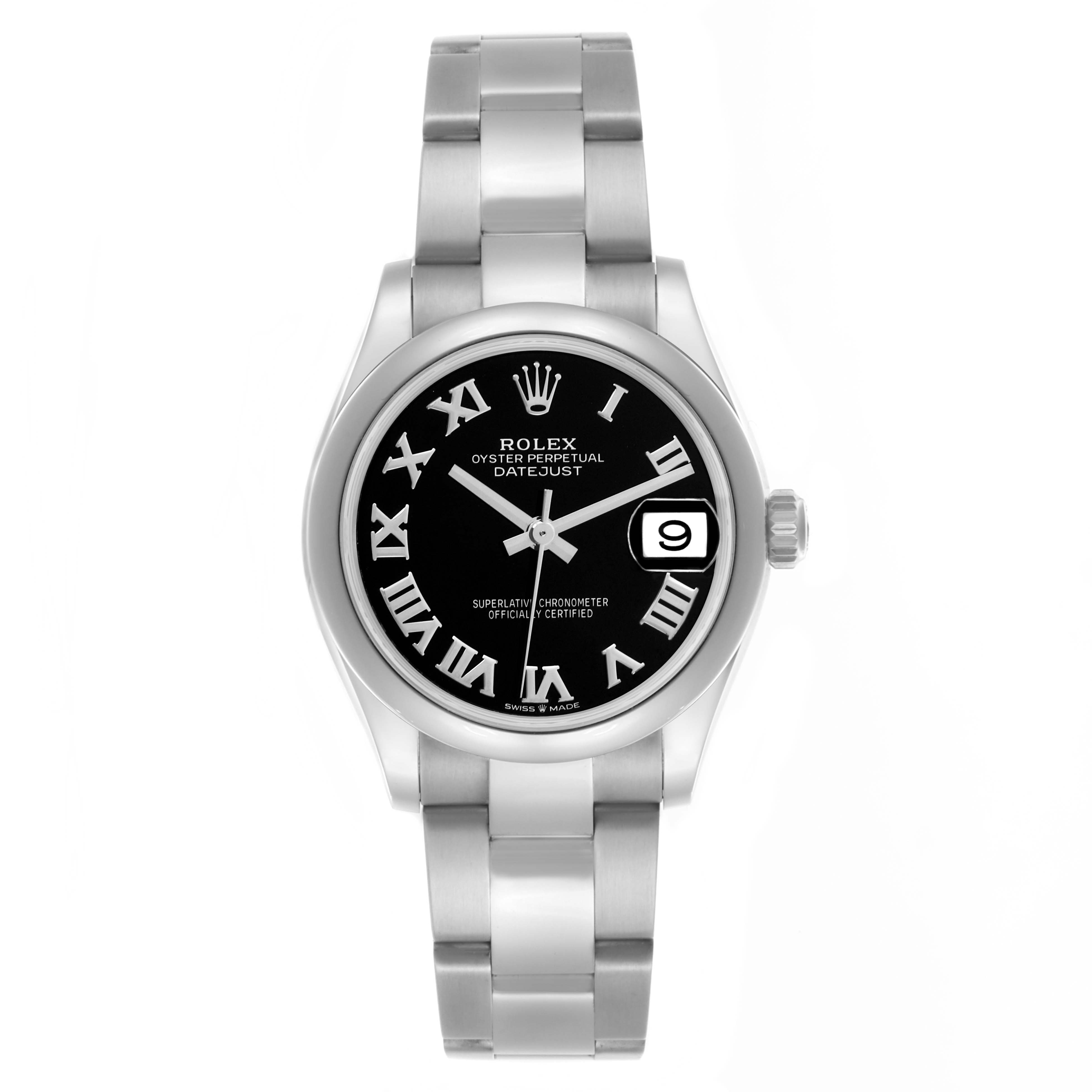 The Rolex Datejust is shown from a front angle, displaying the bracelet, black dial, Roman numerals, and date window.