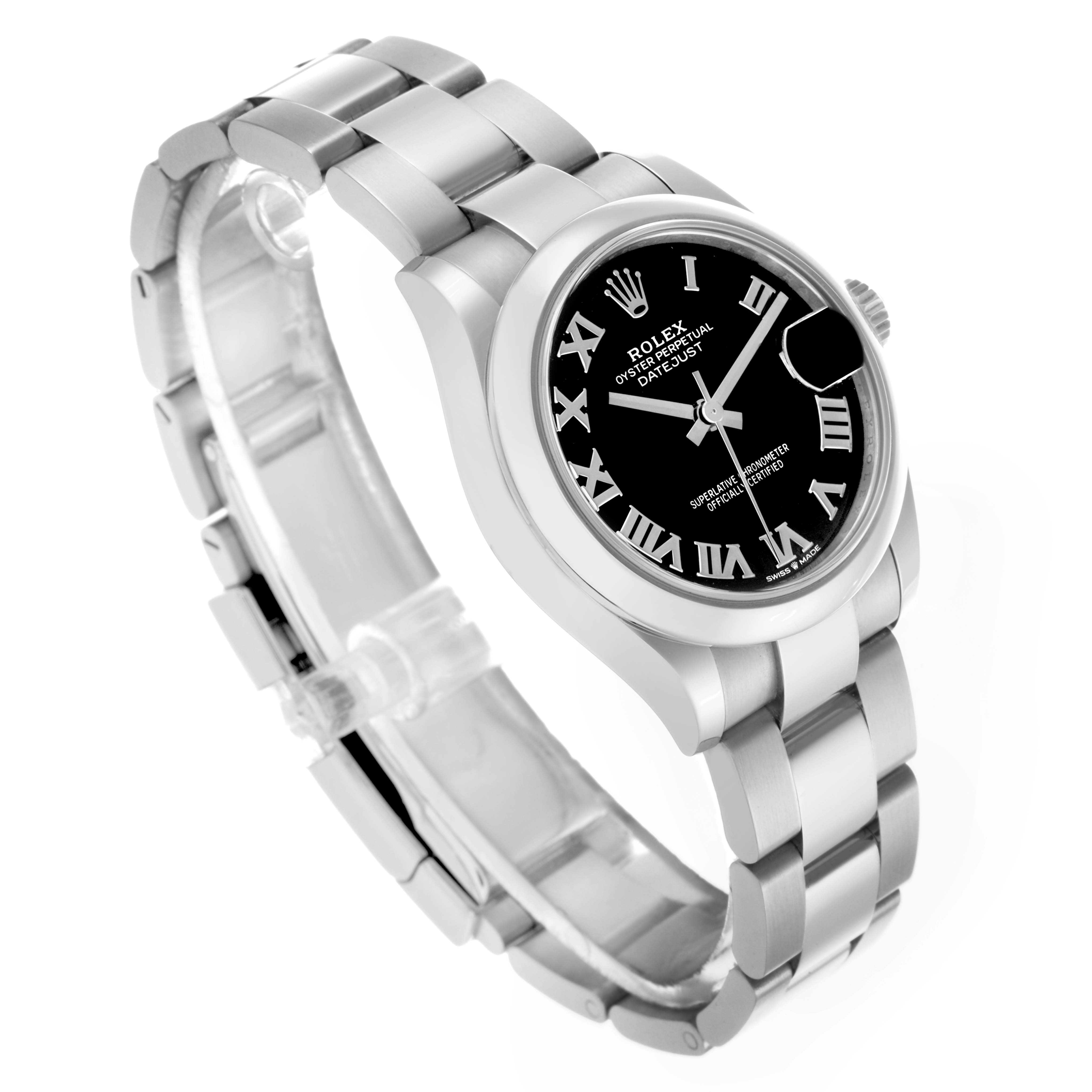 This image shows a Rolex Datejust watch at an oblique angle, highlighting the bracelet, case, and black dial with Roman numerals.