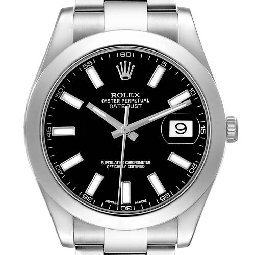 The Rolex Datejust 41 116300 Men's Stainless Steel Black Dial 116300 Men's Stainless Steel Black Dial watch is shown from the front, displaying the dial, bezel, crown, and part of the bracelet.