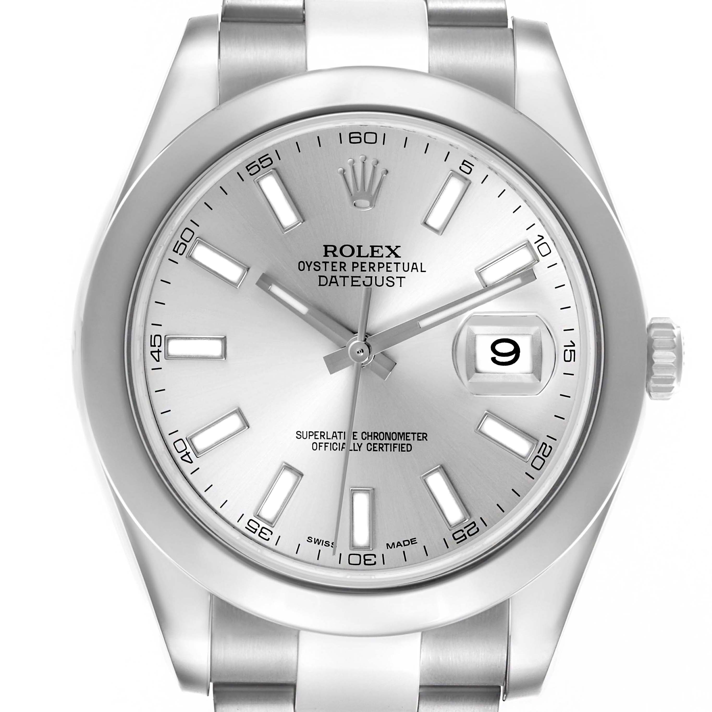 The Rolex Datejust 41 116300 Men's Stainless Steel Silver Dial 116300 Men's Stainless Steel Silver Dial is shown from the front, highlighting the dial, hands, date, and part of the bracelet.
