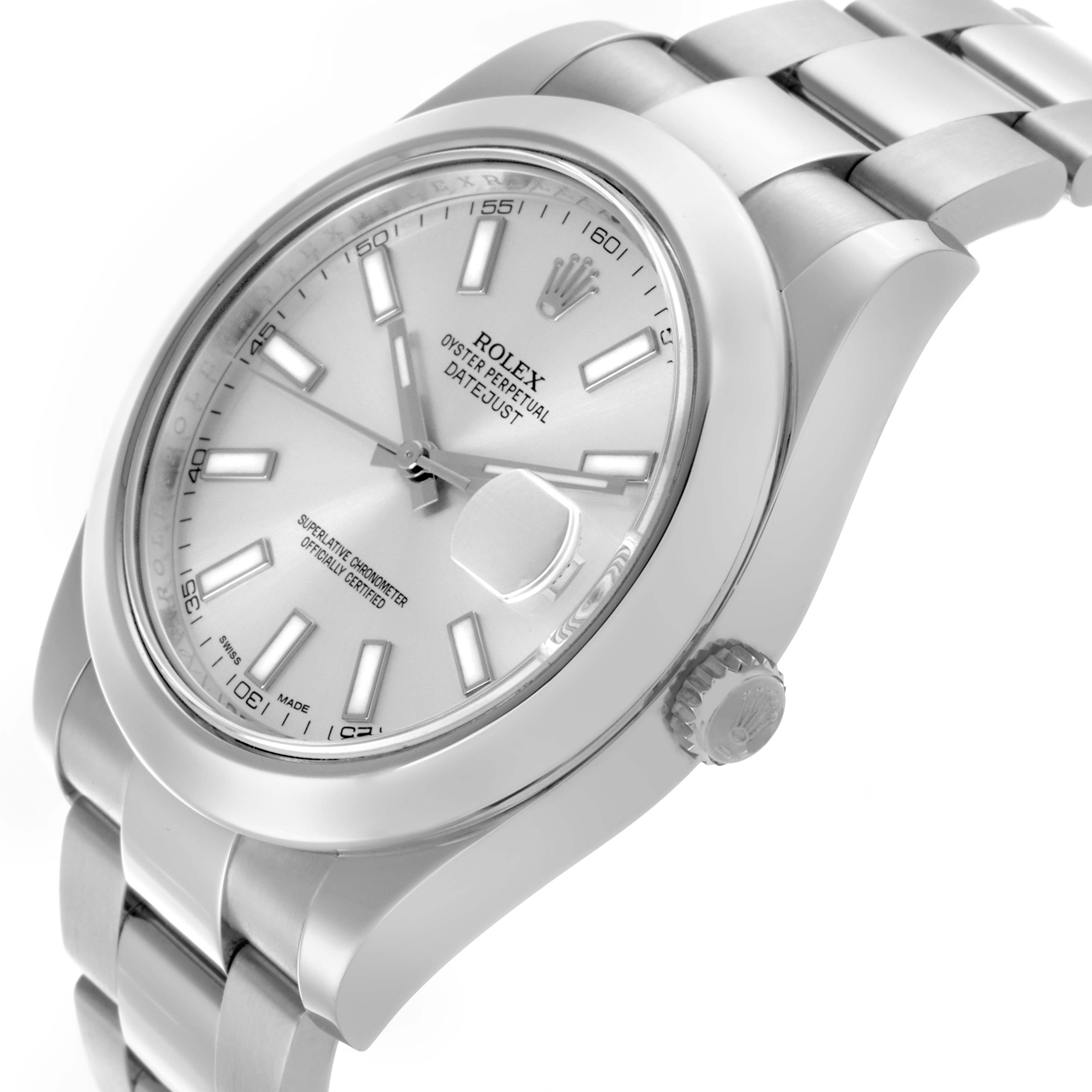 The Rolex Datejust 41 116300 Men's Stainless Steel Silver Dial 116300 Men's Stainless Steel Silver Dial watch is shown at a slightly angled top-down view, displaying the dial, bezel, crown, and bracelet.