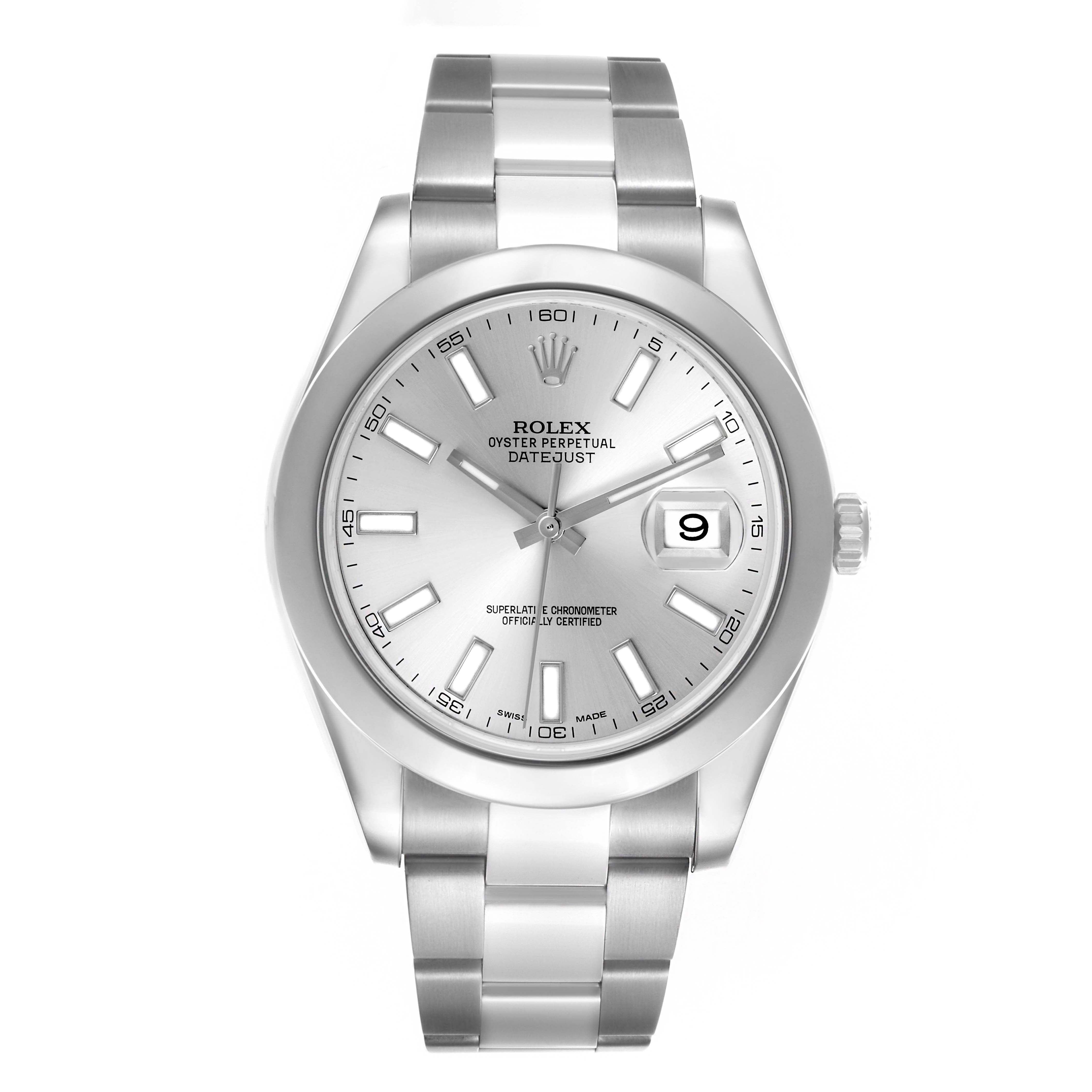 The Rolex Datejust 41 116300 Men's Stainless Steel Silver Dial 116300 Men's Stainless Steel Silver Dial watch is shown from the front, displaying the dial, hands, and bracelet.
