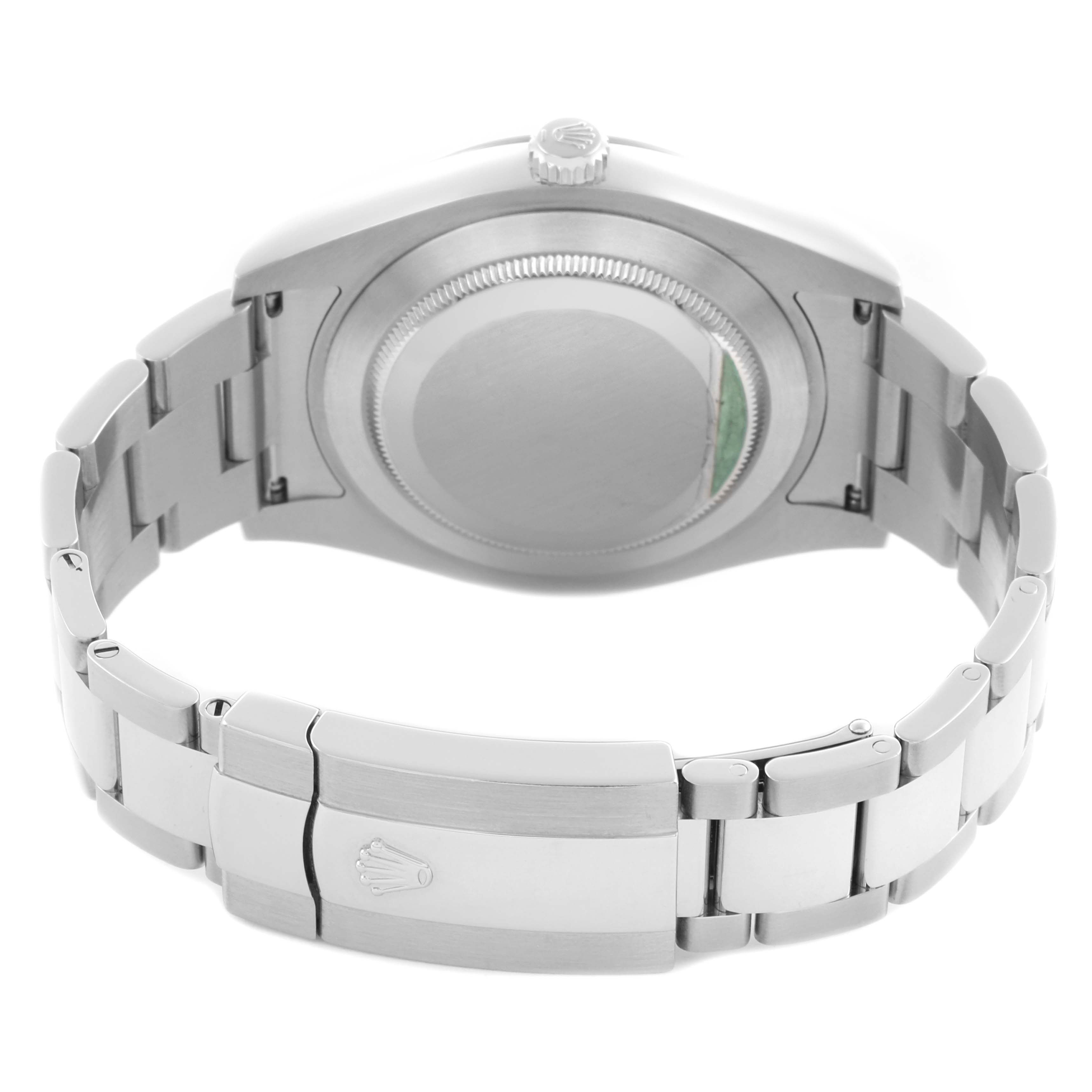 The Rolex Datejust 41 116300 Men's Stainless Steel Silver Dial 116300 Men's Stainless Steel Silver Dial is shown from the back, highlighting the case back and bracelet with the clasp open.