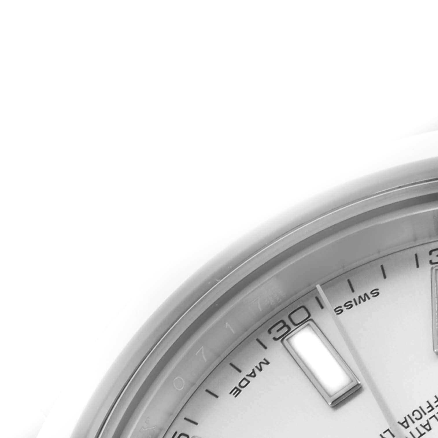 The image shows a close-up of the dial and hour markers of a Rolex Datejust 41 116300 Men's Stainless Steel Silver Dial 116300 Men's Stainless Steel Silver Dial watch from an oblique angle.