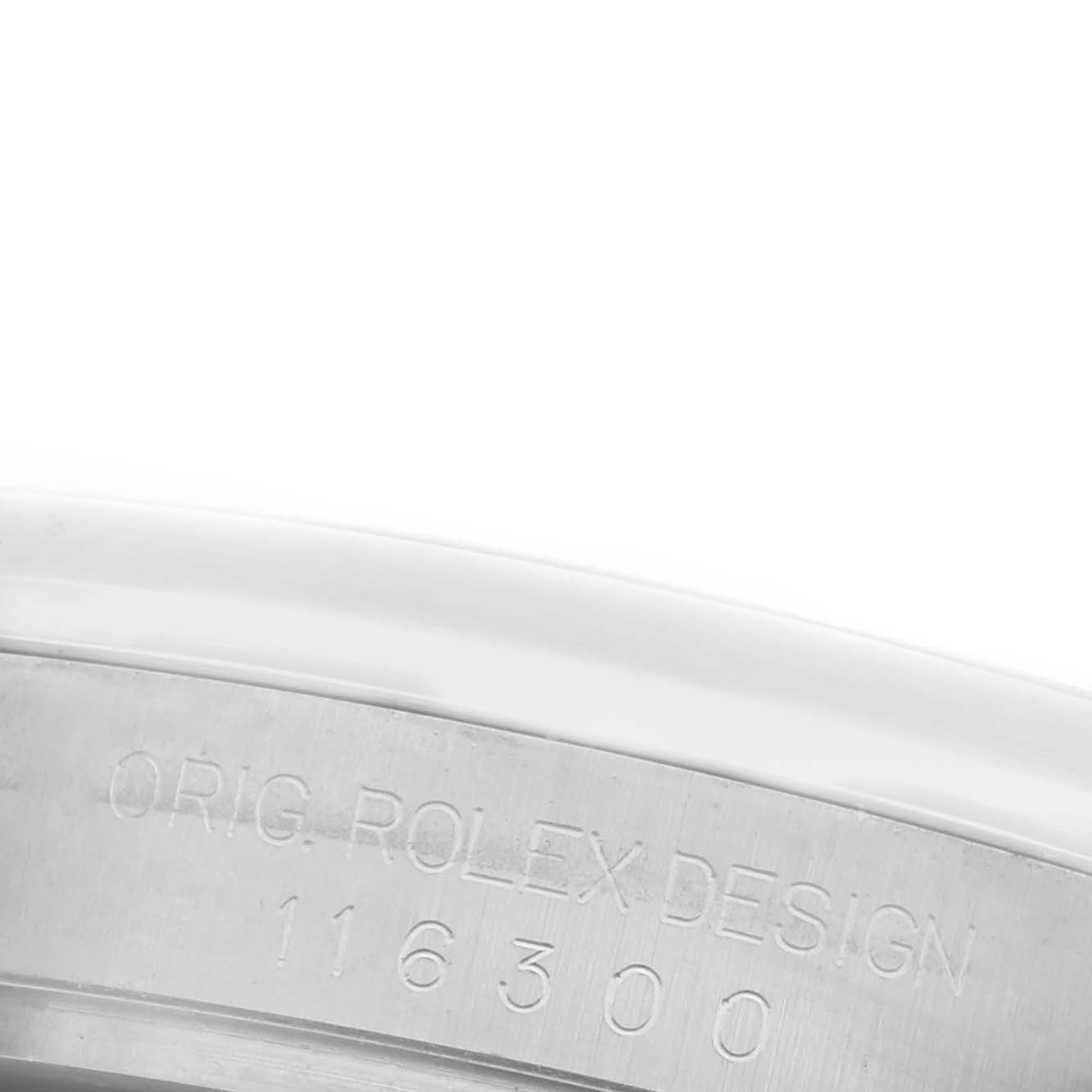 The image shows a close-up of the side of the Rolex Datejust 41 116300 Men's Stainless Steel Silver Dial 116300 Men's Stainless Steel Silver Dial, focusing on the engraved bezel detail.