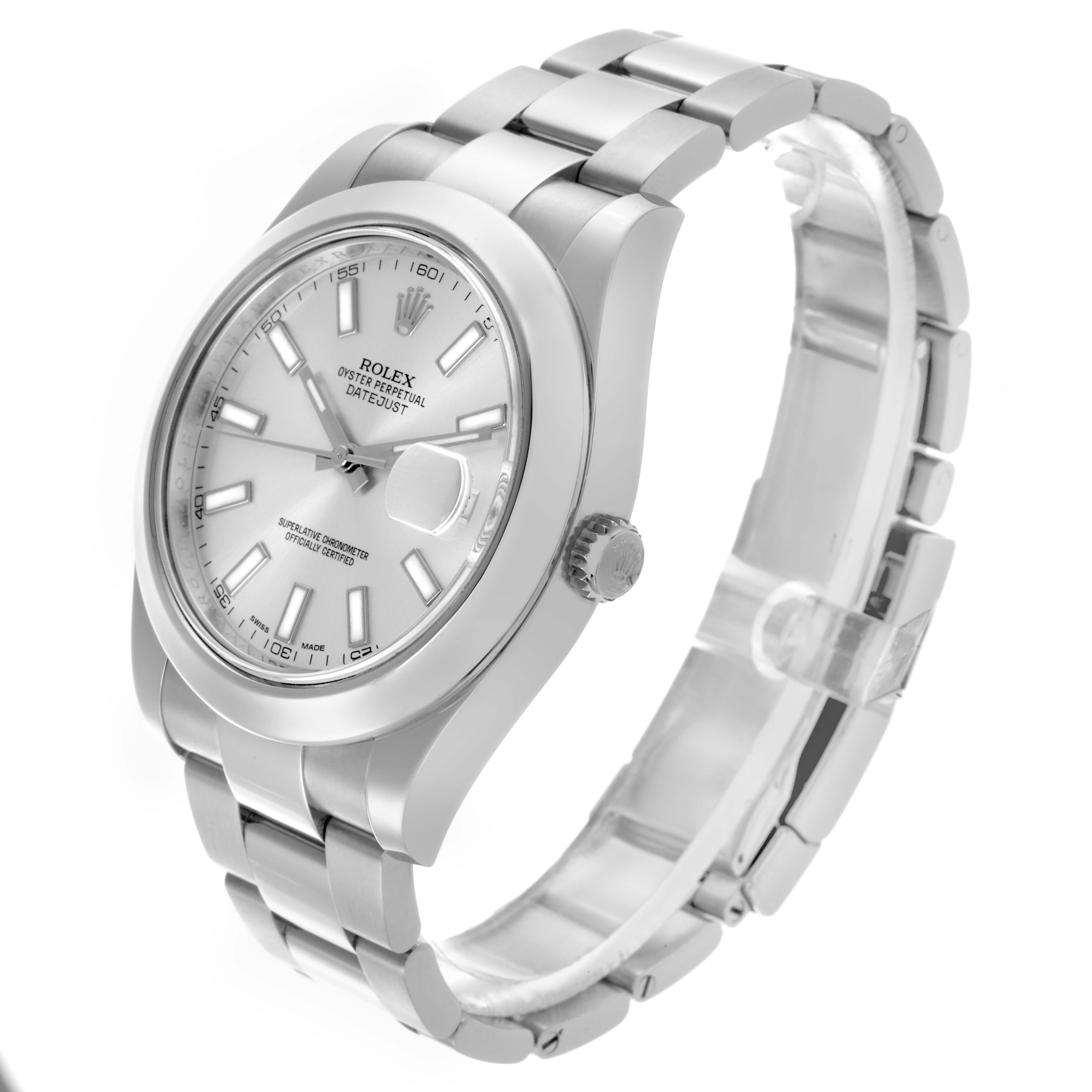 The Rolex Datejust 41 116300 Men's Stainless Steel Silver Dial 116300 Men's Stainless Steel Silver Dial watch is shown at a slight angle, highlighting the face, bezel, and bracelet.
