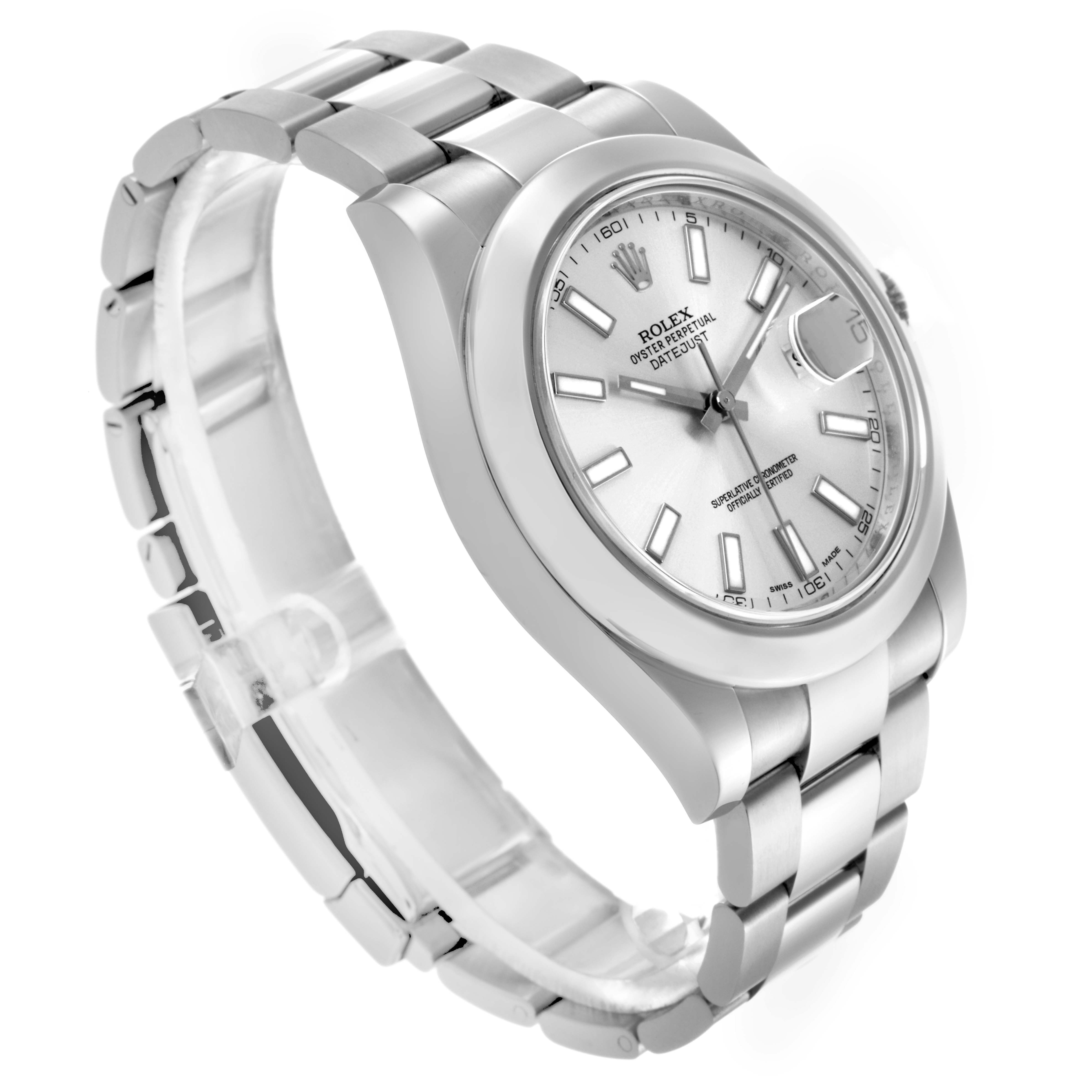 The Rolex Datejust 41 116300 Men's Stainless Steel Silver Dial 116300 Men's Stainless Steel Silver Dial is shown at an angled side view, displaying the dial, bezel, and bracelet.