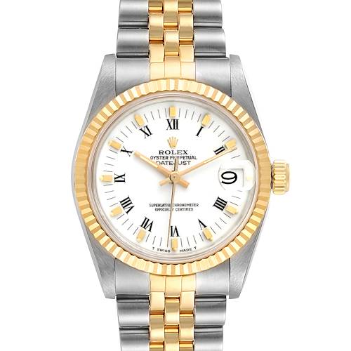 The Rolex Datejust 68273 Women's Steel and Gold (two tone) White Dial 68273 Women's Steel and Gold (two tone) White Dial is shown from the front, displaying its dial, bezel, and two-tone bracelet.