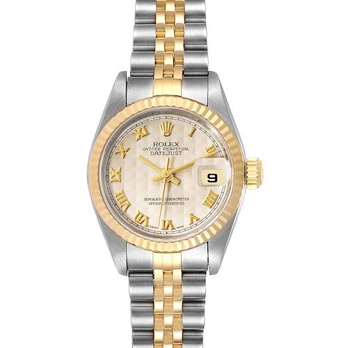 The image shows a front view of the Rolex Datejust 79173 Women's Steel and Gold (two tone) Beige Dial 79173 Women's Steel and Gold (two tone) Beige Dial watch, highlighting the dial, bezel, bracelet, and date indicator.