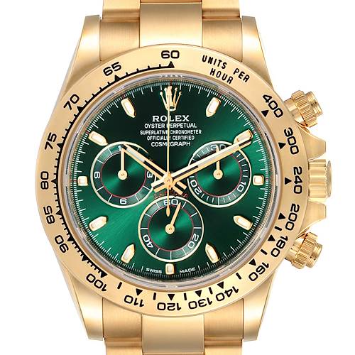 The image shows a frontal view of a Rolex Daytona 116508 Men's Yellow Gold Green Dial 116508 Men's Yellow Gold Green Dial watch, highlighting its green dial, subdials, and gold casing.