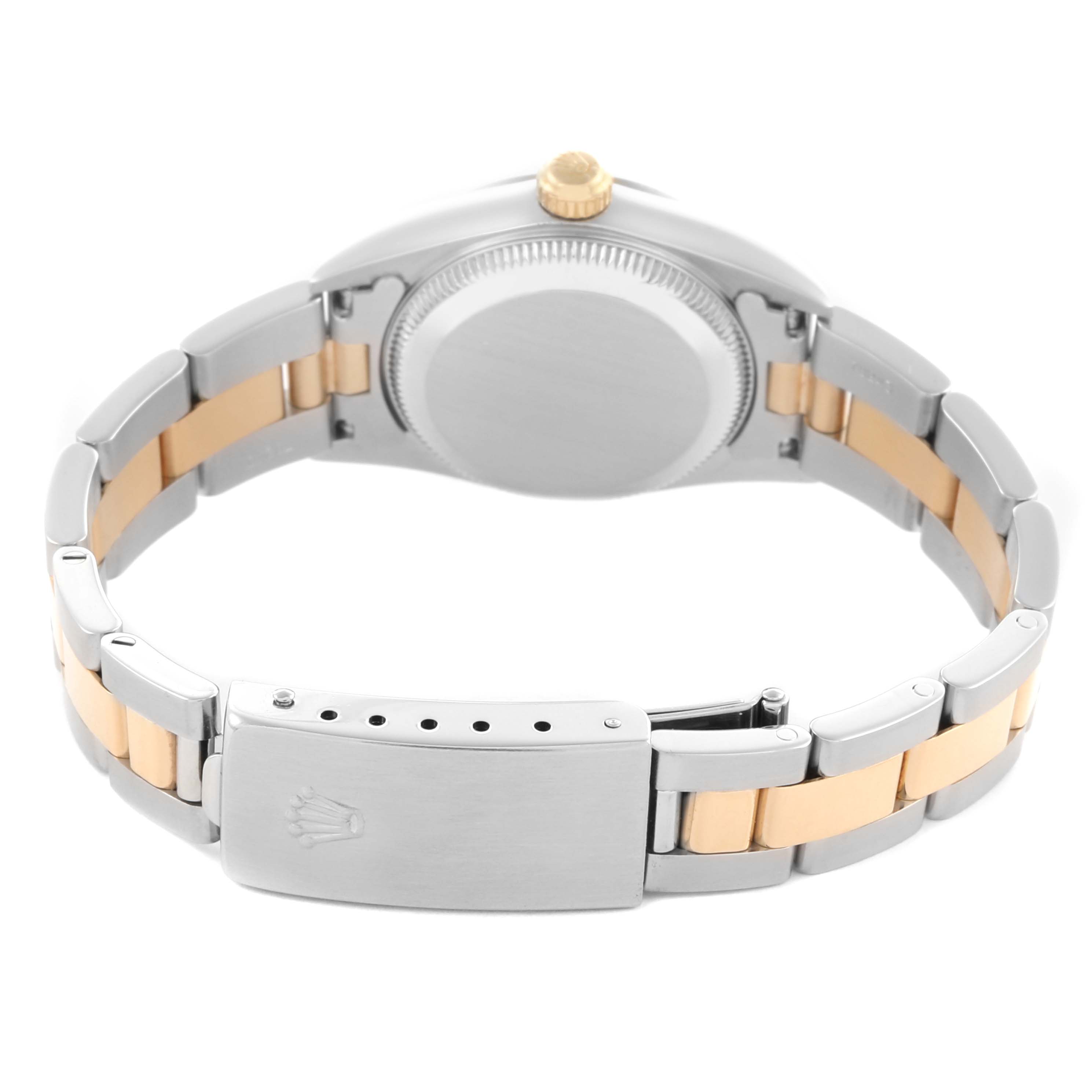 The image shows the back of a Rolex Datejust 76183 Women's Steel and Gold (two tone) Black Dial 76183 Women's Steel and Gold (two tone) Black Dial watch, displaying its case, crown, and two-tone bracelet with a visible clasp.