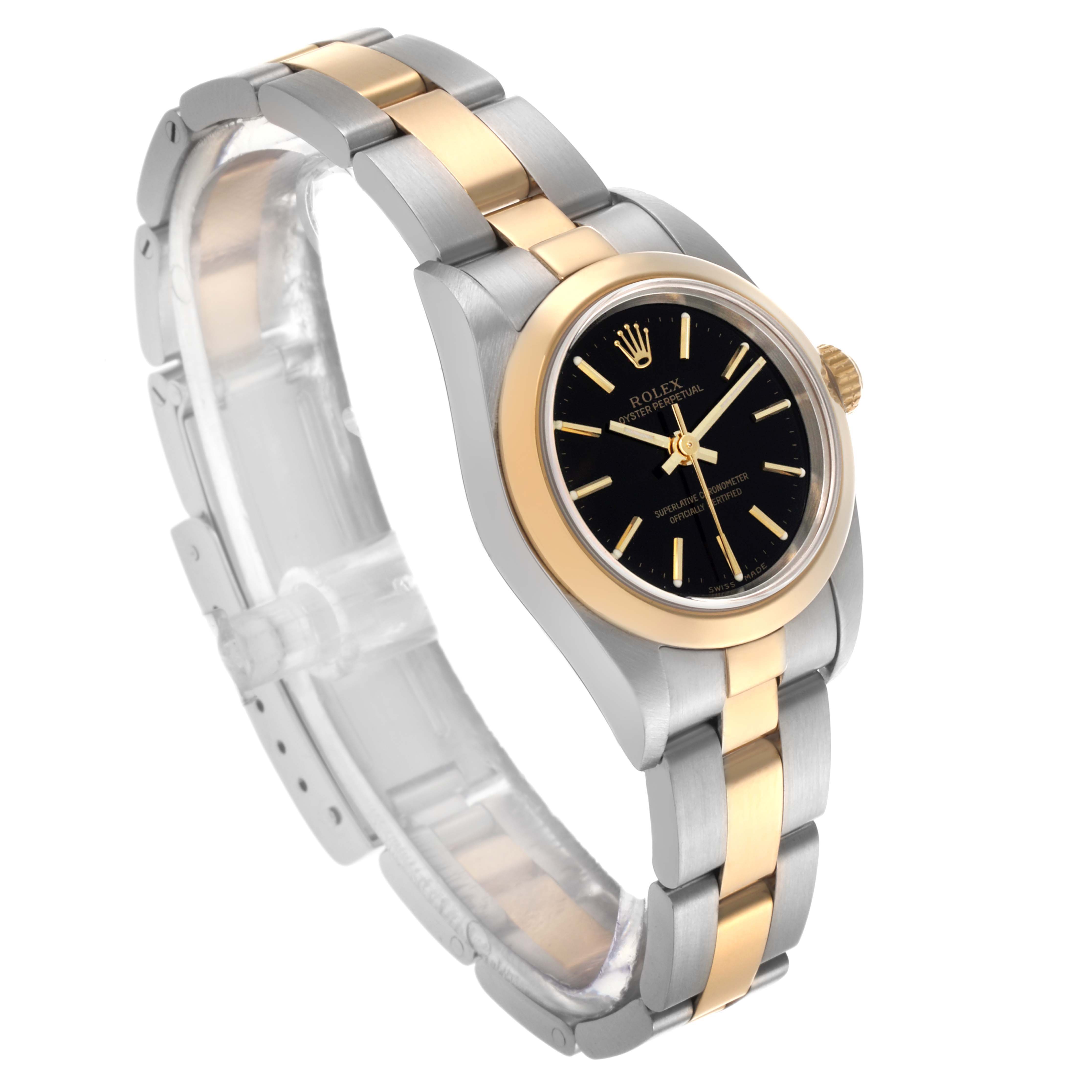The Rolex Datejust 76183 Women's Steel and Gold (two tone) Black Dial 76183 Women's Steel and Gold (two tone) Black Dial watch is shown at a three-quarter angle, highlighting the dial, bezel, and two-tone bracelet.