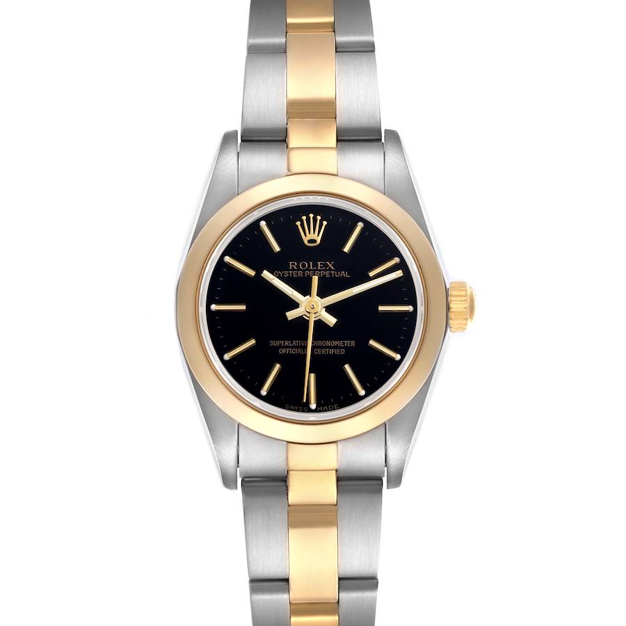 The Rolex Datejust 76183 Women's Steel and Gold (two tone) Black Dial 76183 Women's Steel and Gold (two tone) Black Dial watch is shown from a top view, displaying the dial, bezel, crown, and part of the bracelet.