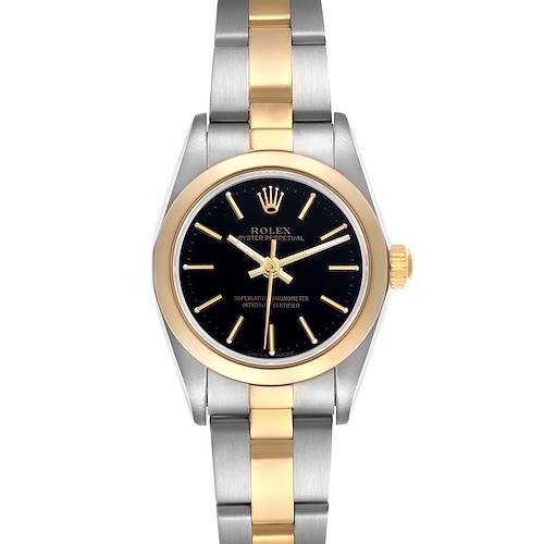 The Rolex Datejust 76183 Women's Steel and Gold (two tone) Black Dial 76183 Women's Steel and Gold (two tone) Black Dial watch is shown from a top-down angle, highlighting the black dial, gold bezel, and two-tone bracelet.
