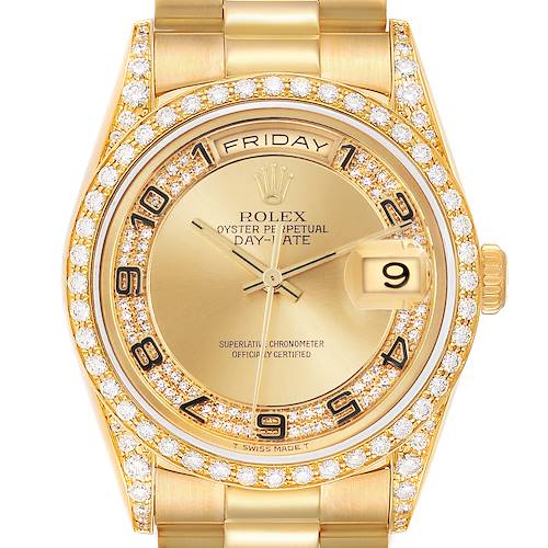 The Rolex President 18388 Men's Yellow Gold Champagne Dial 18388 Men's Yellow Gold Champagne Dial model watch is shown from a front angle, highlighting its gold dial, diamond bezel, and day-date feature.