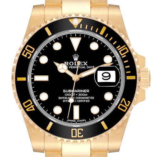 This image shows a front view of the Rolex Submariner 116618 Men's Yellow Gold Black Dial 116618 Men's Yellow Gold Black Dial model, highlighting its dial, bezel, crown, and bracelet.
