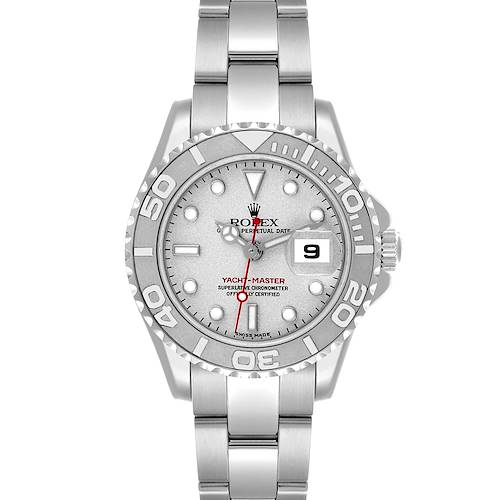 The Rolex Yacht-Master 169622 Women's Stainless Steel Grey Dial 169622 Women's Stainless Steel Grey Dial watch is shown from a front angle, displaying the dial, bezel, date window, and bracelet.