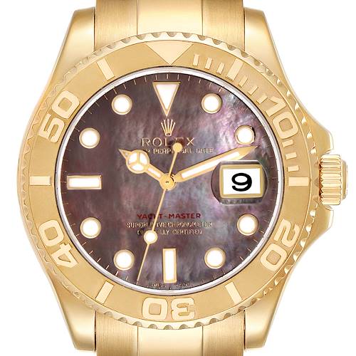 The image shows a frontal view of the Rolex Yacht-Master 16628 Men's Yellow Gold Mother of Pearl Dial 16628 Men's Yellow Gold Mother of Pearl Dial, highlighting the bezel, dial, and bracelet.