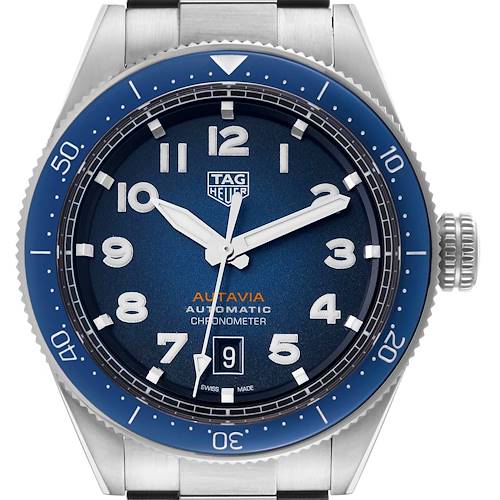 The image shows the front view of a Tag Heuer Autavia WBE5116.EB0173 Men's Stainless Steel Blue Dial WBE5116.EB0173 Men's Stainless Steel Blue Dial watch, displaying its dial, bezel, and part of the bracelet.
