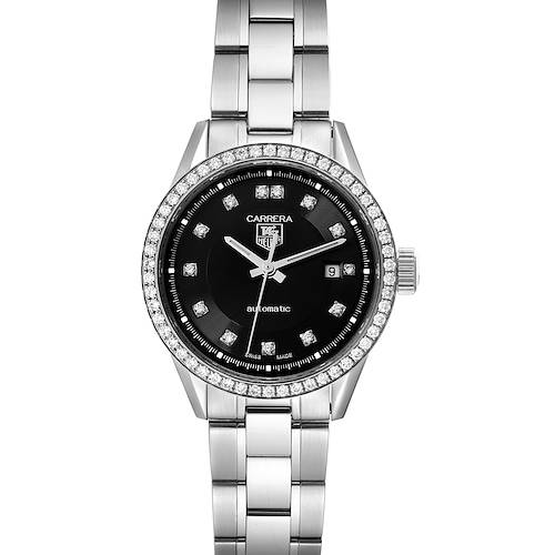 The image shows a front view of the Tag Heuer Carrera WV2412.BA0793 Women's Stainless Steel Black Dial WV2412.BA0793 Women's Stainless Steel Black Dial watch with a stainless steel band and diamond bezel.