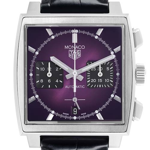 The Tag Heuer Monaco CBL2118.FC6518 Men's Stainless Steel Purple Dial CBL2118.FC6518 Men's Stainless Steel Purple Dial watch is shown from a front angle, displaying its square face, purple dial, and chronograph subdials.