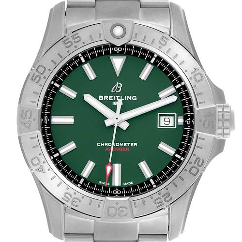 The Breitling Avenger A17328 Men's Stainless Steel Green Dial A17328 Men's Stainless Steel Green Dial watch is shown in a straight-on angle, displaying the case, bezel, dial, and bracelet.