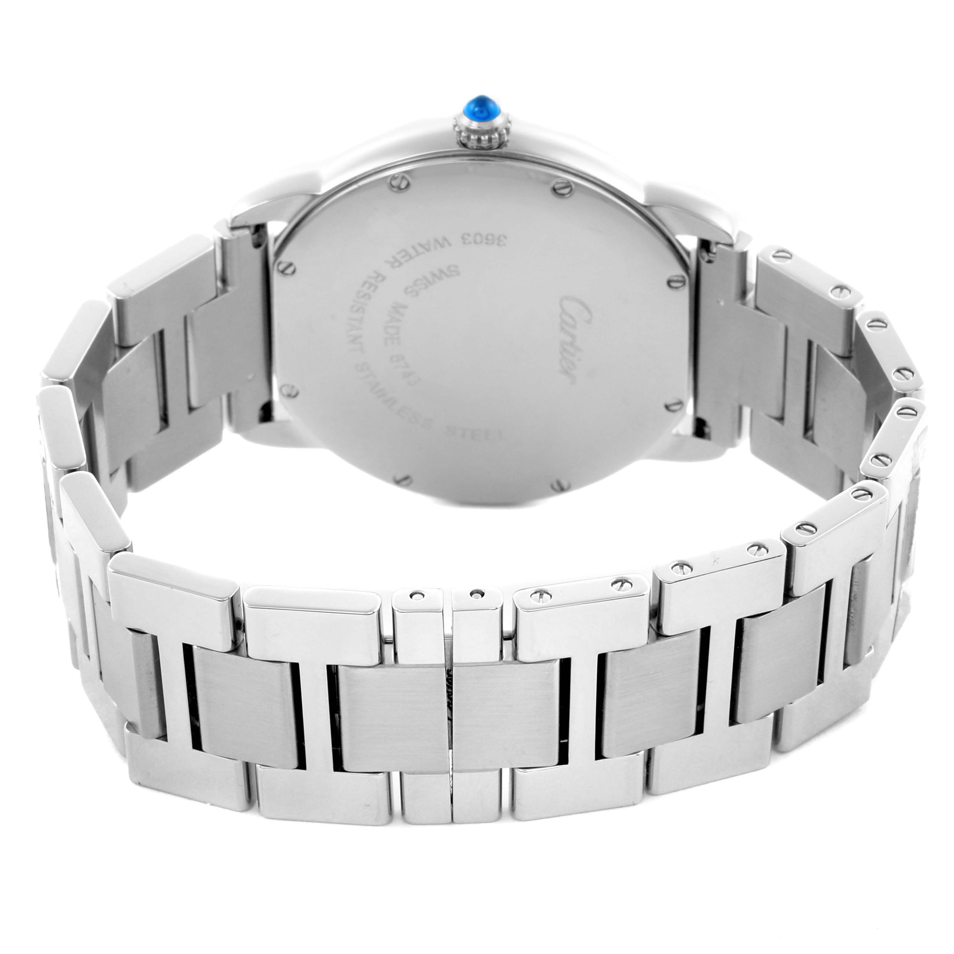 The image shows the back view of a Cartier Ronde W6701005 Men's Stainless Steel Silver Dial W6701005 Men's Stainless Steel Silver Dial watch, highlighting the clasp and stainless steel bracelet.