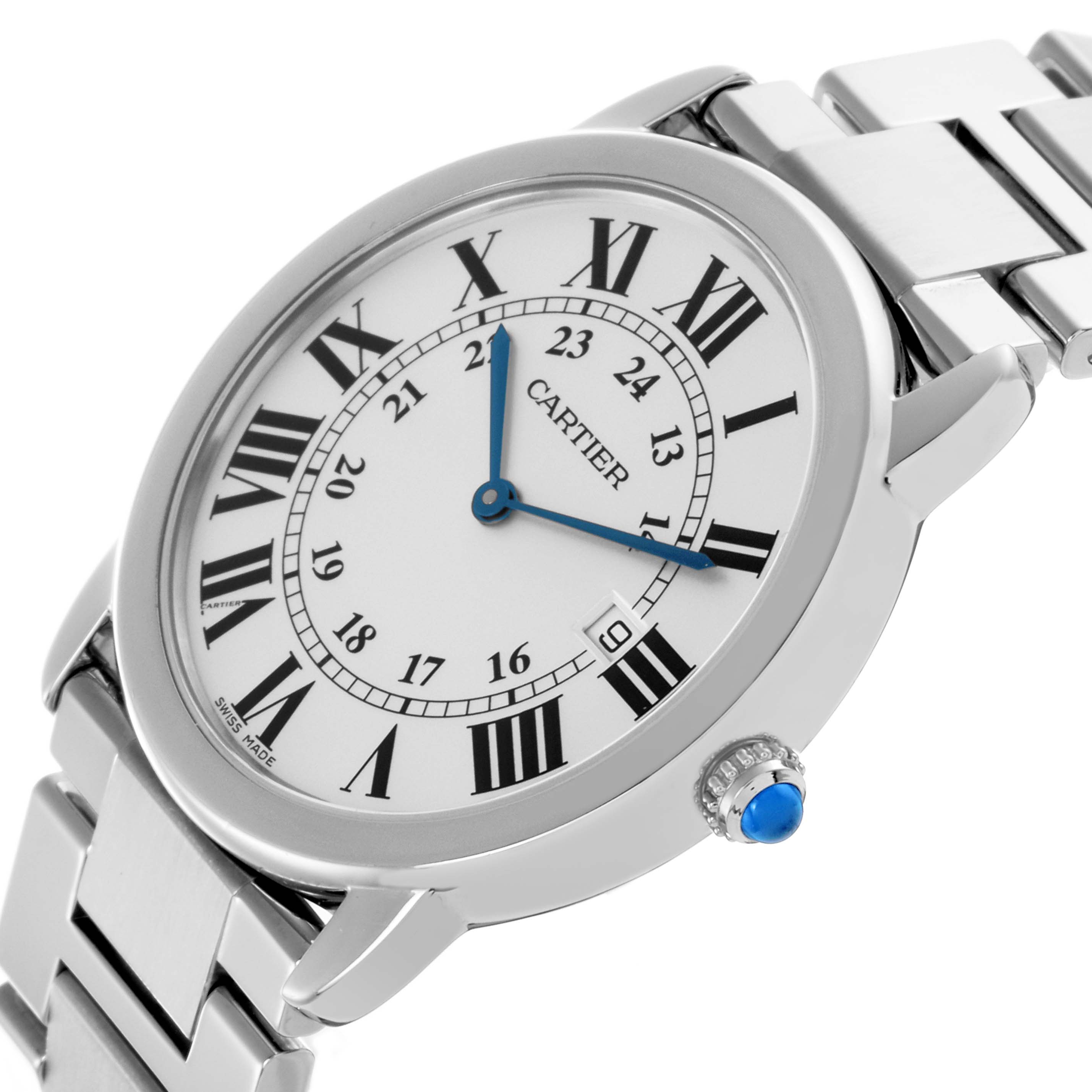 The Ronde model by Cartier is shown at a slight angle, highlighting the case, bezel, dial with Roman numerals, and metal bracelet.