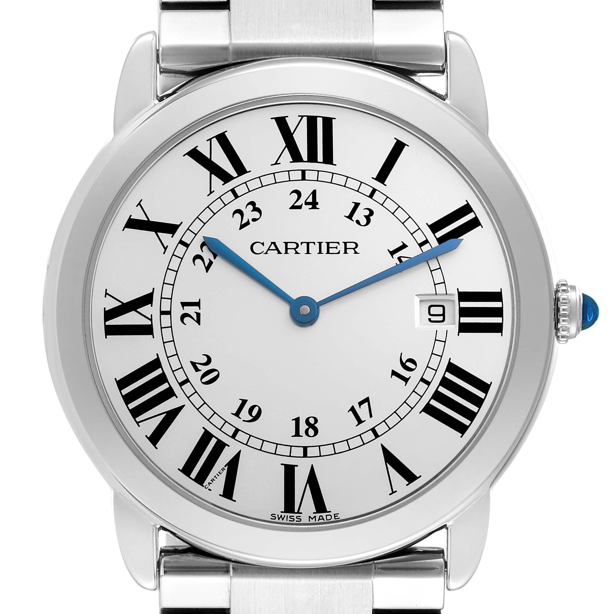 The Cartier Ronde W6701005 Men's Stainless Steel Silver Dial W6701005 Men's Stainless Steel Silver Dial watch is shown from a front view, highlighting its dial, Roman numerals, blue hands, and date window.