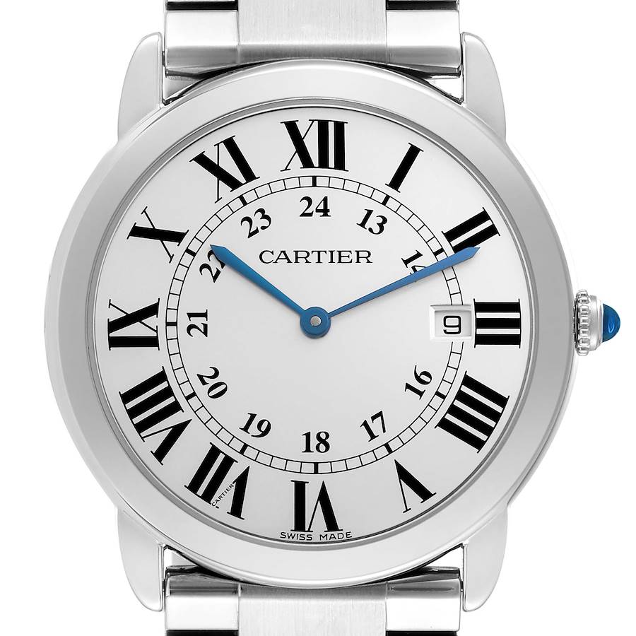 The Cartier Ronde W6701005 Men's Stainless Steel Silver Dial W6701005 Men's Stainless Steel Silver Dial watch is shown from a front view, highlighting its dial, Roman numerals, blue hands, and date window.