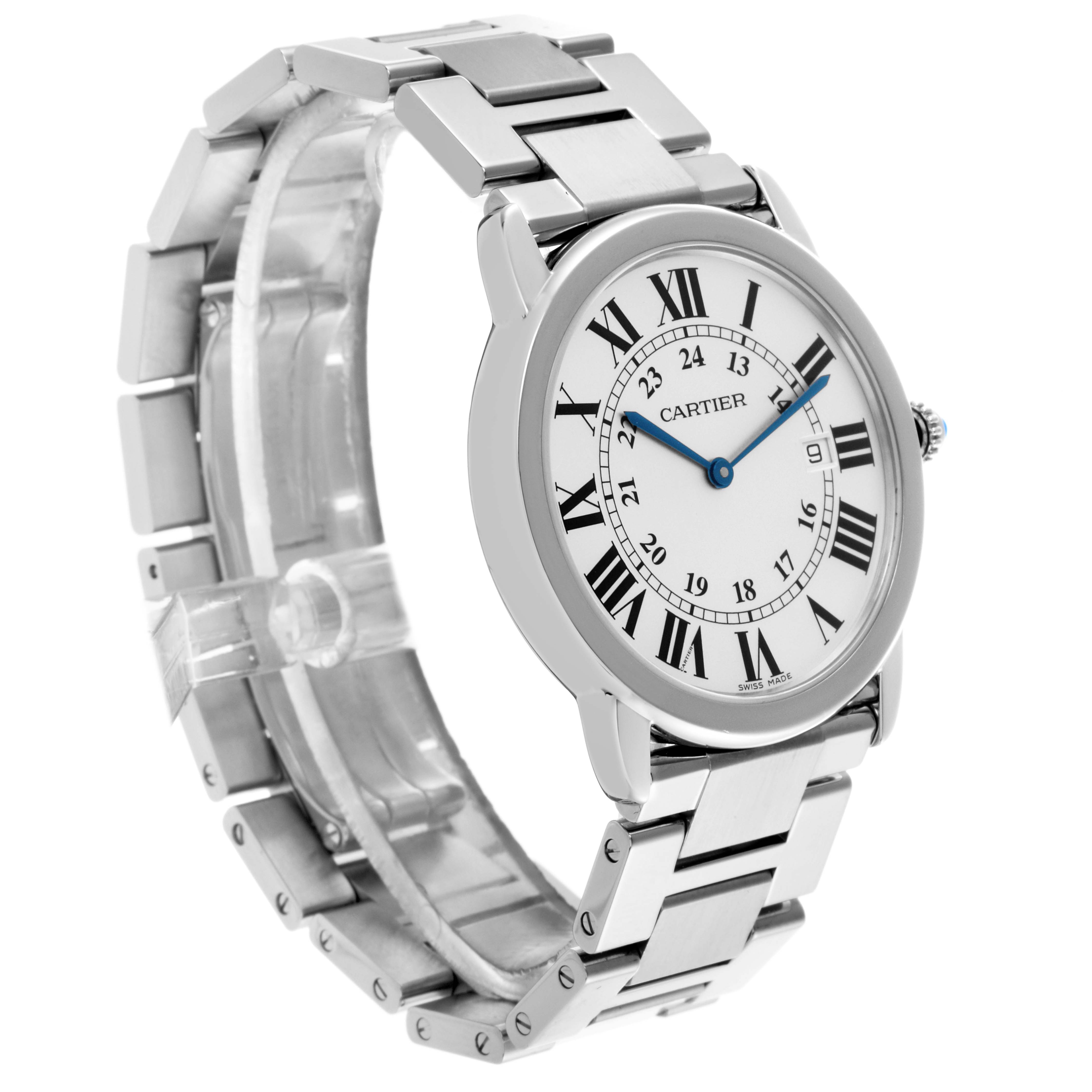 The Cartier Ronde W6701005 Men's Stainless Steel Silver Dial W6701005 Men's Stainless Steel Silver Dial watch is shown at a three-quarter angle, displaying the face, bezel, and stainless steel bracelet.