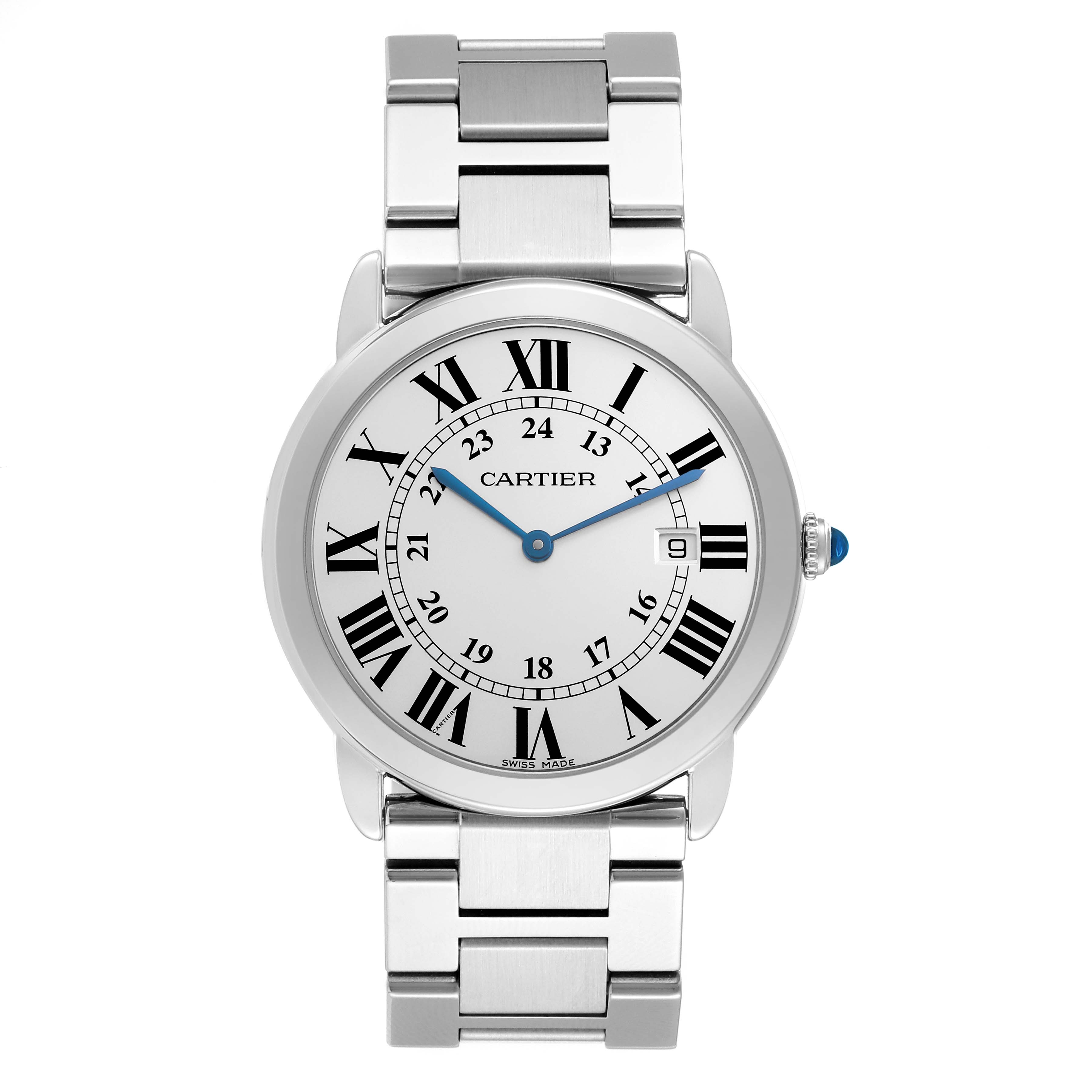 The Ronde model by Cartier is shown from the front, displaying the dial, Roman numerals, hands, and stainless steel bracelet.