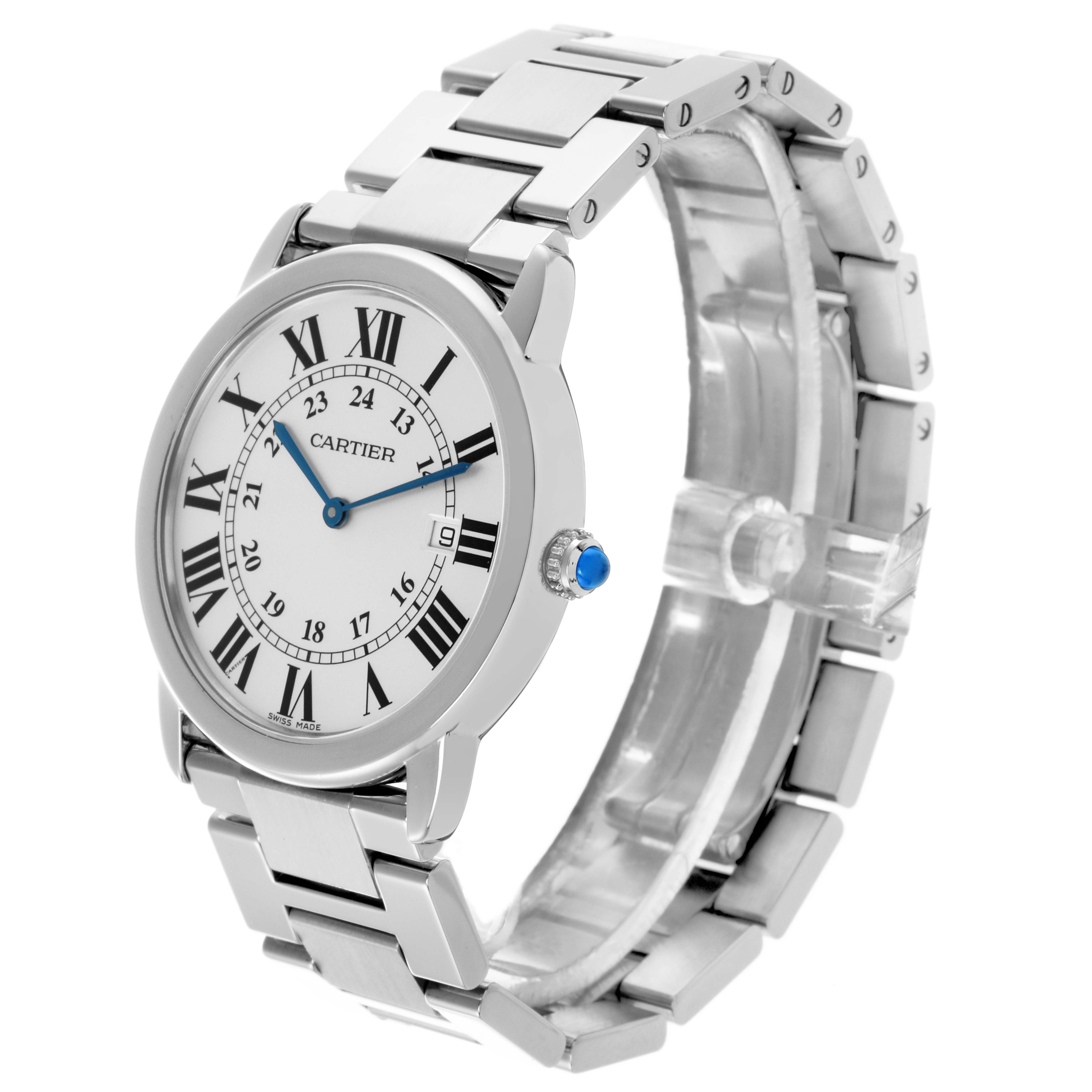 The Cartier Ronde W6701005 Men's Stainless Steel Silver Dial W6701005 Men's Stainless Steel Silver Dial watch is shown at an angled view, displaying the face, crown, and stainless steel bracelet.