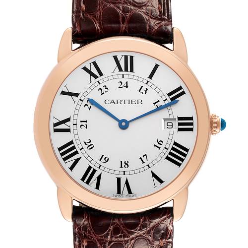 The Cartier Ronde W6701008 Men's Steel and Gold (two tone) Silver Dial W6701008 Men's Steel and Gold (two tone) Silver Dial watch is shown from the front, displaying its round dial, Roman numerals, and leather strap.