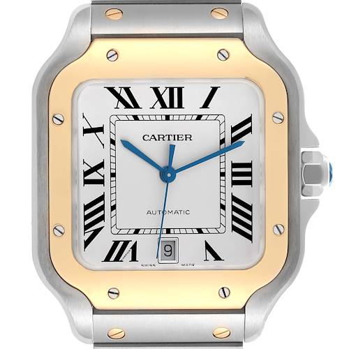 The Cartier Santos W2SA0009 Men's Steel and Gold (two tone) Silver Dial W2SA0009 Men's Steel and Gold (two tone) Silver Dial watch is shown from the front, highlighting the dial, bezel, and part of the bracelet.