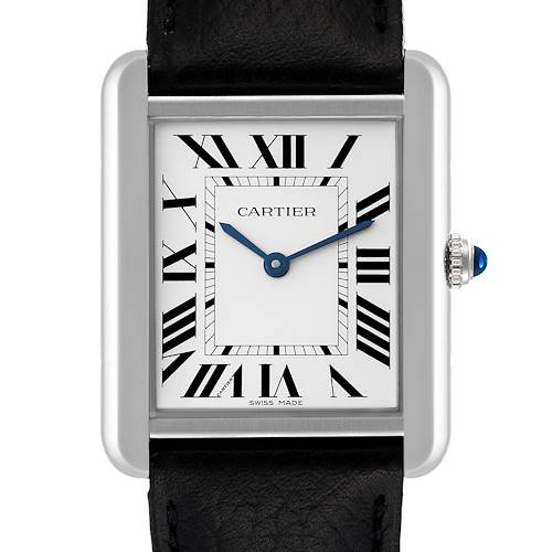 This image shows a close-up of the Cartier Tank Solo WSTA0028 Men's Stainless Steel Silver Dial WSTA0028 Men's Stainless Steel Silver Dial watch face, including the rectangular case, Roman numerals, and part of the leather strap.