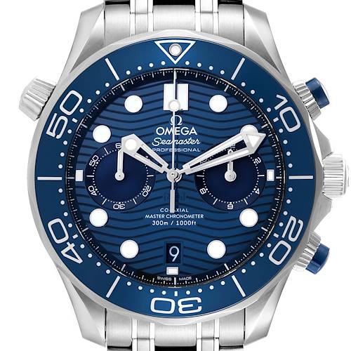 The image shows a frontal view of the Omega Seamaster 210.30.44.51.03.001 Men's Stainless Steel Blue Dial 210.30.44.51.03.001 Men's Stainless Steel Blue Dial, highlighting the dial, bezel, and case with a stainless steel bracelet.