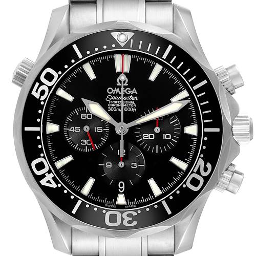 This is a close-up image of an Omega Seamaster 2594.52.00 Men's Stainless Steel Black Dial 2594.52.00 Men's Stainless Steel Black Dial watch showing its face, bezel, and part of the bracelet.