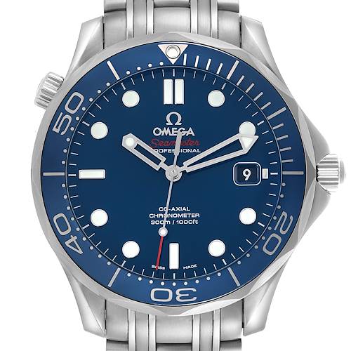 The image shows a front view of the Omega Seamaster 212.30.41.20.03.001 Men's Stainless Steel Blue Dial 212.30.41.20.03.001 Men's Stainless Steel Blue Dial watch, highlighting the face, bezel, and part of the bracelet.