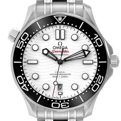 The image shows a front view of an Omega Seamaster 210.30.42.20.04.001 Men's Stainless Steel White Dial 210.30.42.20.04.001 Men's Stainless Steel White Dial watch, highlighting the dial, bezel, and portions of the bracelet.