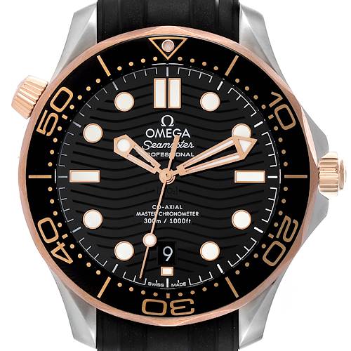 The image shows a front view of the Omega Seamaster 210.22.42.20.01.002 Men's Steel and Gold (two tone) Black Dial 210.22.42.20.01.002 Men's Steel and Gold (two tone) Black Dial watch, displaying its face, bezel, and crown.