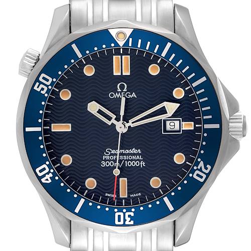 This image shows the front view of an Omega Seamaster 2541.80.00 Men's Stainless Steel Blue Dial 2541.80.00 Men's Stainless Steel Blue Dial watch, displaying the dial, bezel, and part of the bracelet.