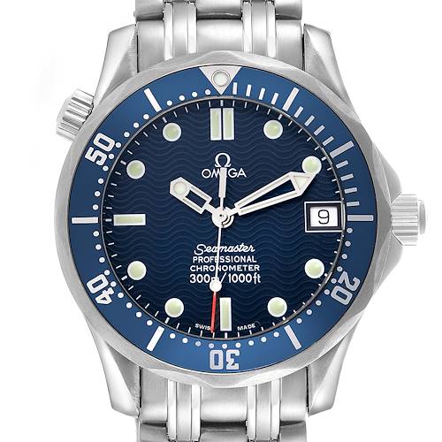 The Omega Seamaster 2551.80.00 Men's Stainless Steel Blue Dial 2551.80.00 Men's Stainless Steel Blue Dial watch is shown from a front angle, displaying its bezel, dial, hands, bracelet, and date window.