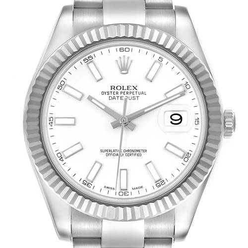 The Rolex Datejust 41 116334 Men's Stainless Steel White Dial 116334 Men's Stainless Steel White Dial watch is shown from a front angle, displaying the dial, crown, and fluted bezel.