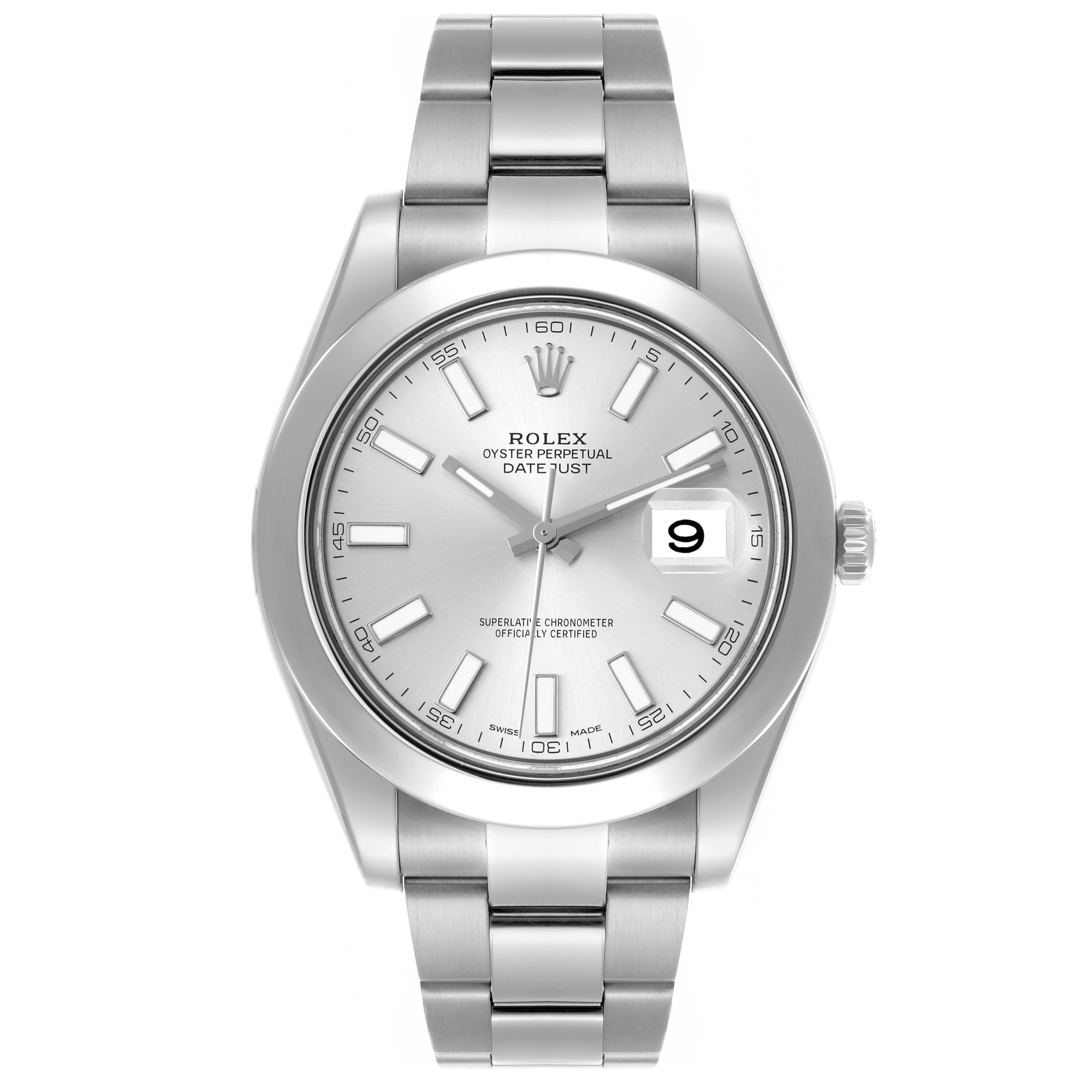 The Rolex Datejust 41 116300 Men's Stainless Steel Silver Dial 116300 Men's Stainless Steel Silver Dial is shown from a front angle, displaying its dial, bracelet, bezel, and crown.