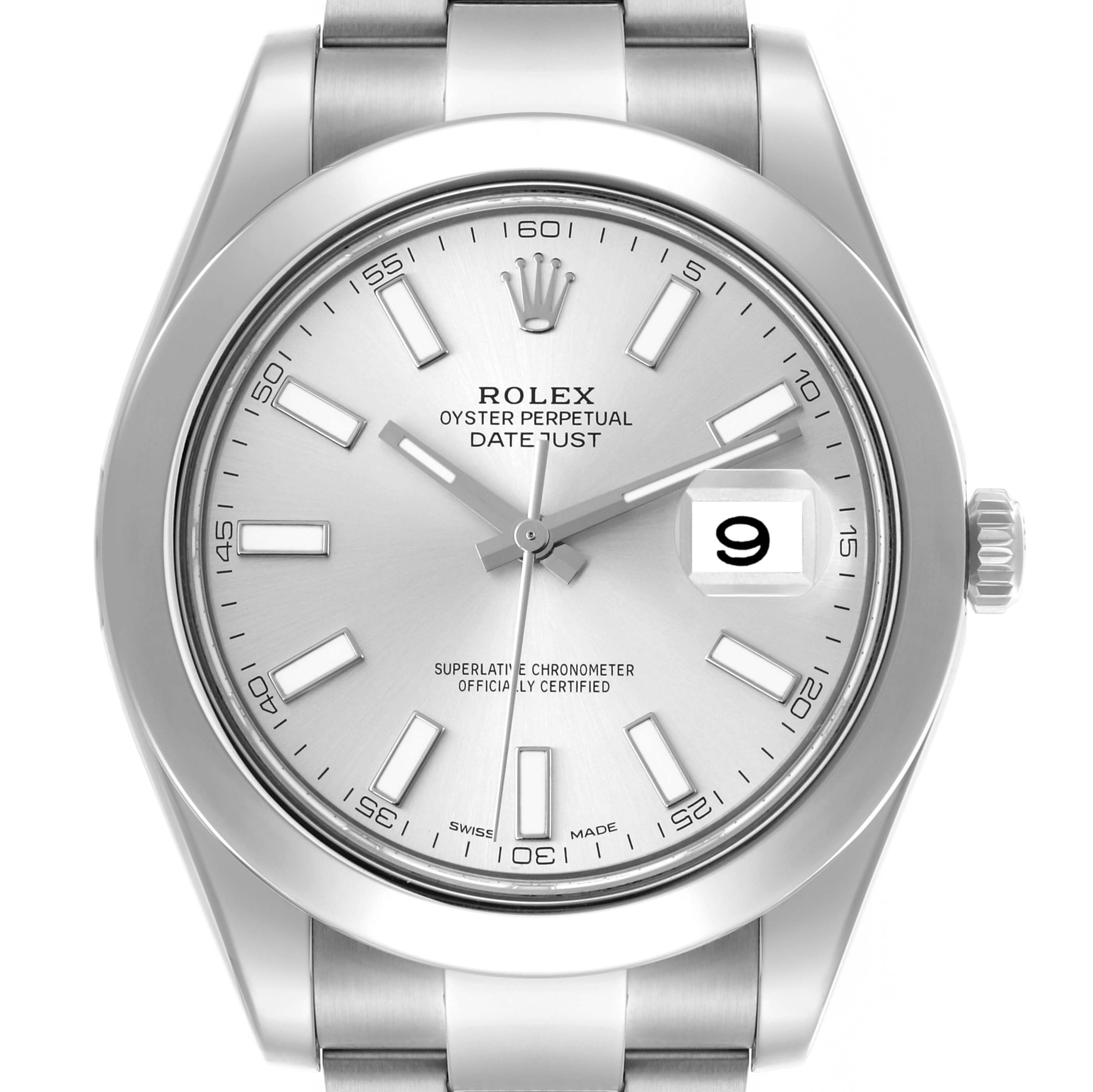 The Rolex Datejust 41 116300 Men's Stainless Steel Silver Dial 116300 Men's Stainless Steel Silver Dial is shown from a front view highlighting the face, bezel, and bracelet, with visible date and markers.