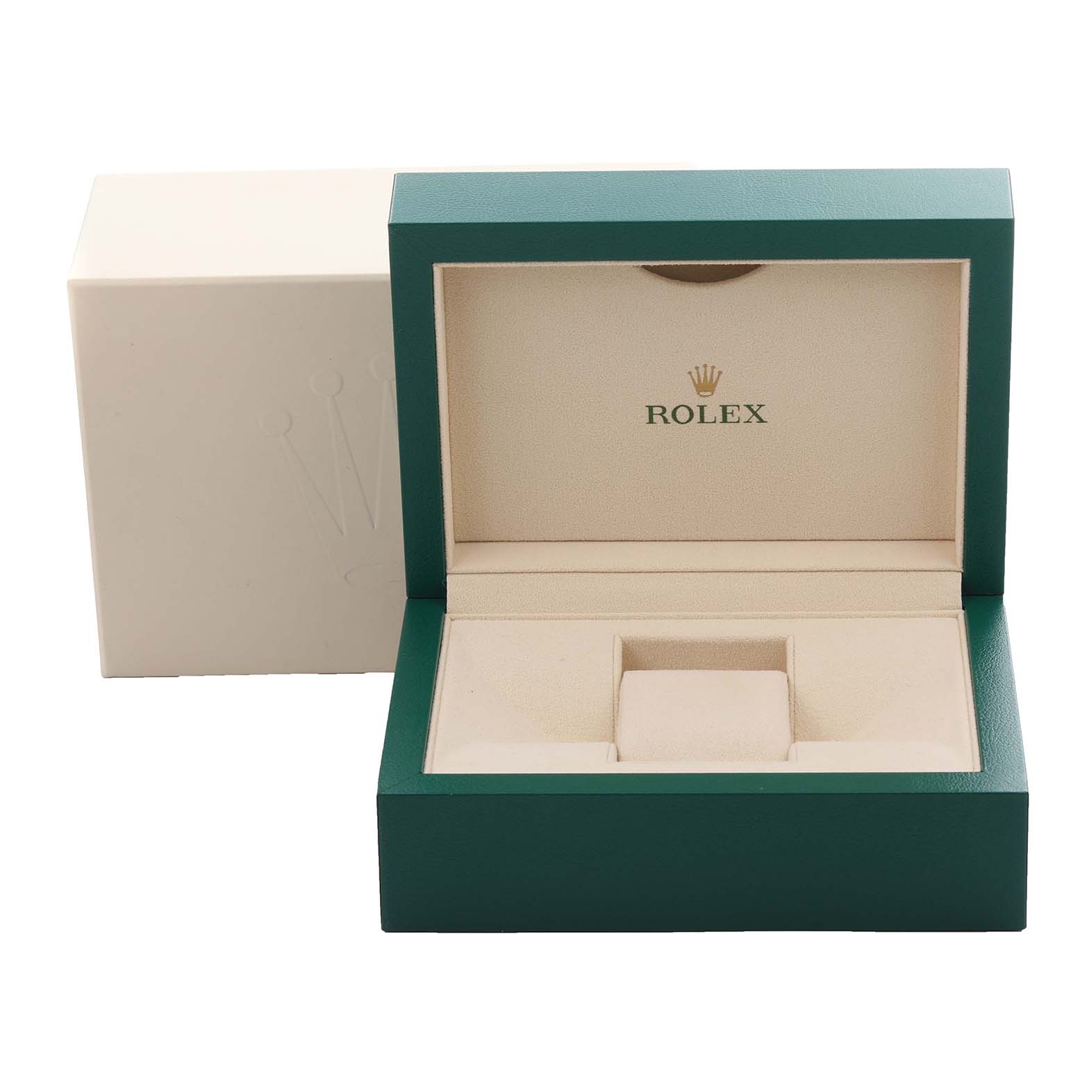 The image shows the open box of a Rolex Datejust 41 116300 Men's Stainless Steel Silver Dial 116300 Men's Stainless Steel Silver Dial, featuring a green exterior and beige interior with the Rolex logo.