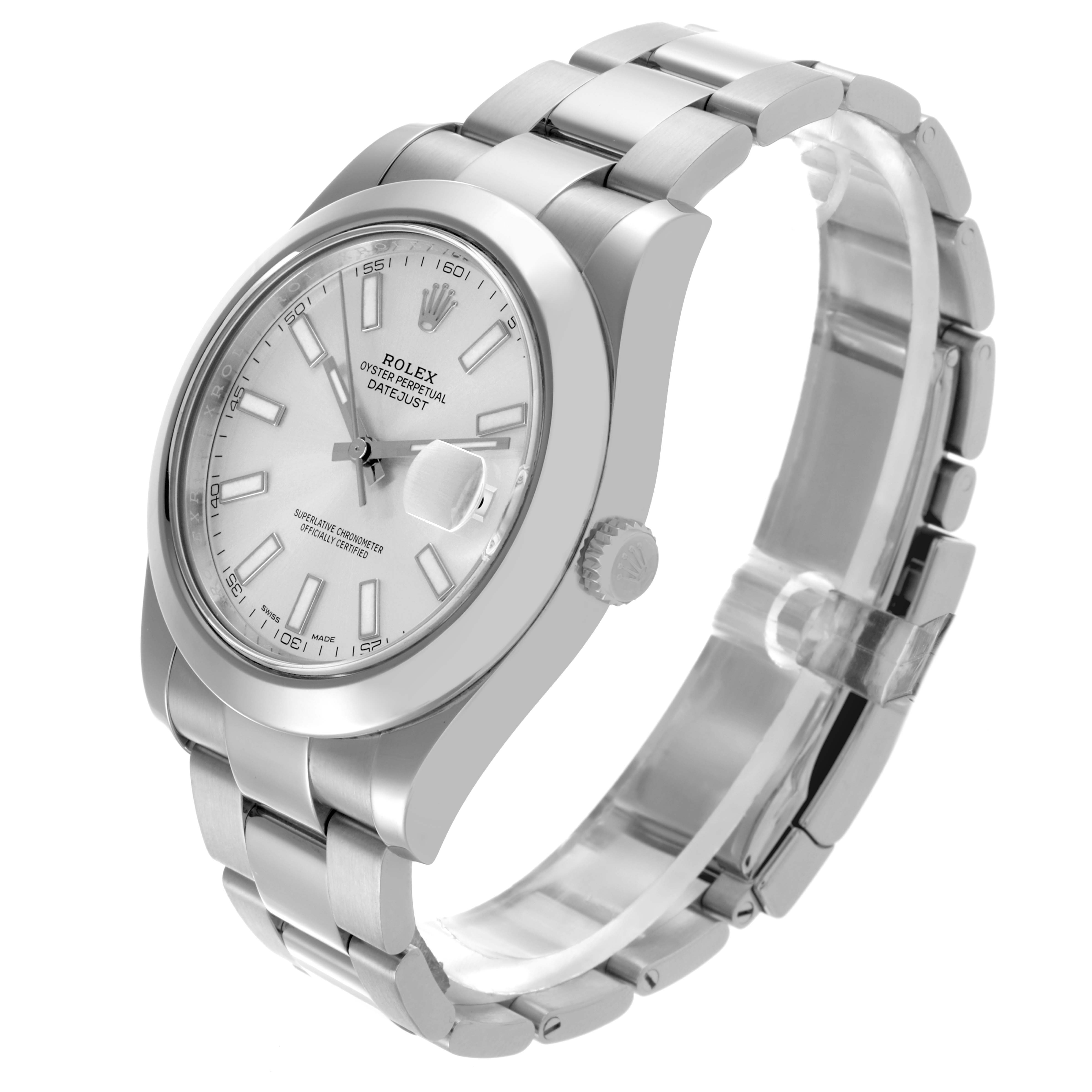 The Rolex Datejust 41 116300 Men's Stainless Steel Silver Dial 116300 Men's Stainless Steel Silver Dial is shown at a three-quarter angle, highlighting the dial, bezel, crown, and bracelet.